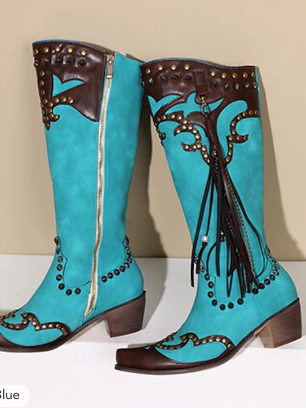 Turquoise Western Knee-High Riding Boots with Brown Accents